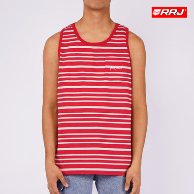 RRJ Men's Basic Tank Top Semi Body Fitting Stripes Jersey Fabric 99902 (Red)