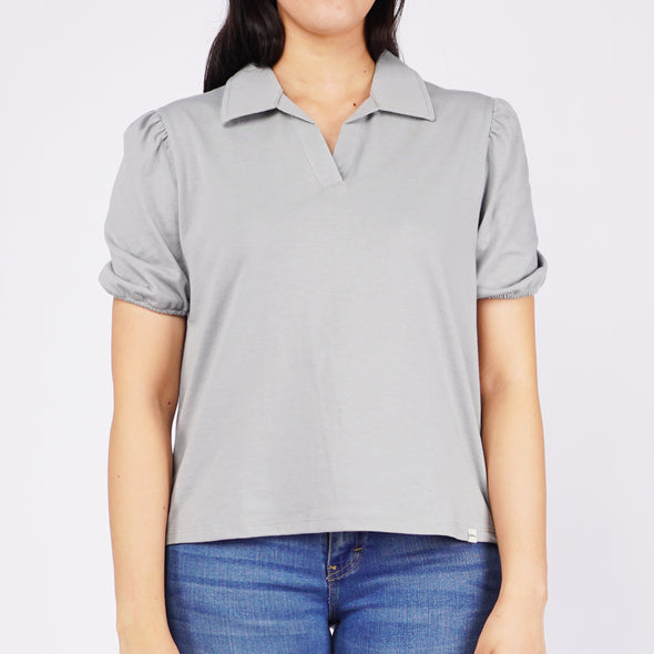 RRJ Ladies Basic Collared Shirt Boxy Fitting CVC Jersey Fabric 151537 (Gray)